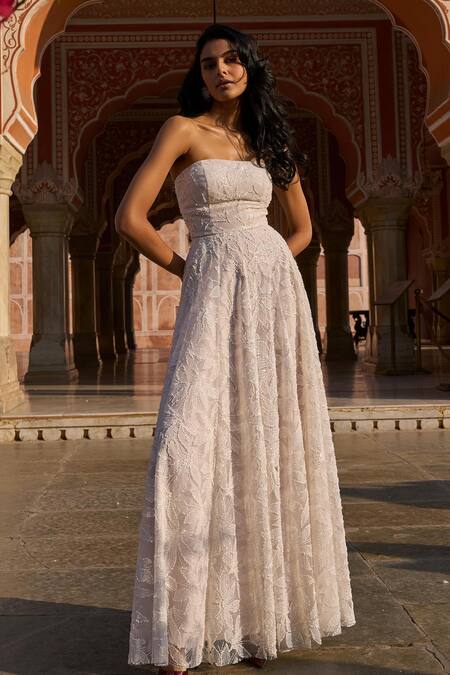 Shop_Dash And Dot_White Polyester Pearls, Sequins, Beads, Foil Printing And Embroidered Gown _Online_at_Aza_Fashions