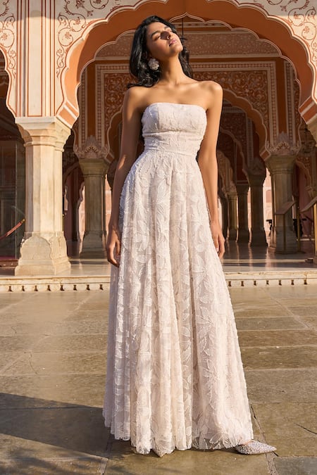 Dash And Dot_White Polyester Pearls, Sequins, Beads, Foil Printing And Embroidered Gown _at_Aza_Fashions