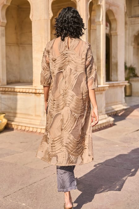 Shop_Dash And Dot_Beige Cotton Applique High Neck Abstract Tunic _at_Aza_Fashions