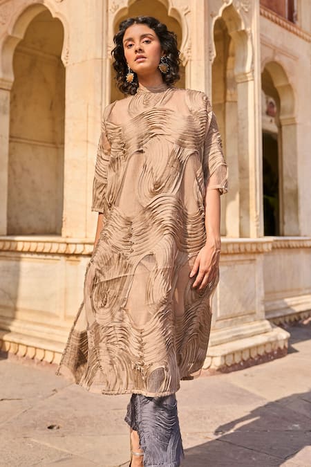 Dash And Dot_Beige Cotton Applique High Neck Abstract Tunic _Online_at_Aza_Fashions