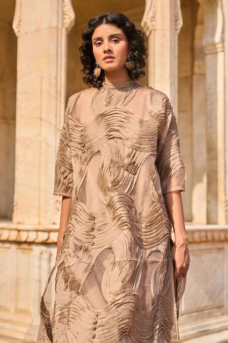 Buy_Dash And Dot_Beige Cotton Applique High Neck Abstract Tunic _Online_at_Aza_Fashions