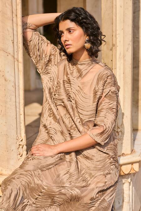 Dash And Dot_Beige Cotton Applique High Neck Abstract Tunic _at_Aza_Fashions