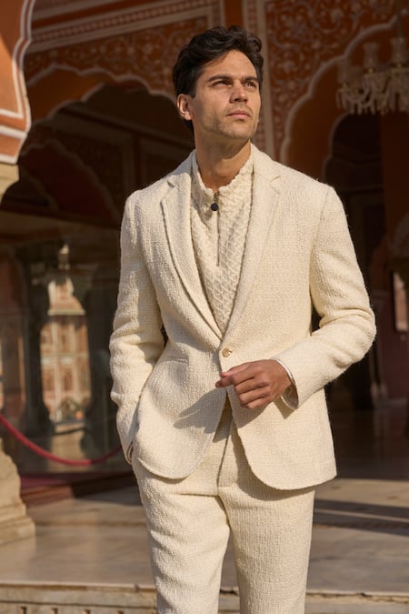 Dash And Dot_Ivory Polyester Sequins Textured Blazer And Trouser Set _Online_at_Aza_Fashions