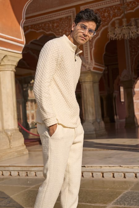 Shop_Dash And Dot_Ivory Polyester Sequins Boucle Textured Tapered Trouser _at_Aza_Fashions