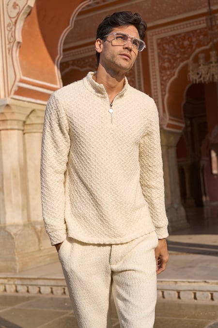 Dash And Dot_Ivory Polyester Sequins Boucle Textured Tapered Trouser _Online_at_Aza_Fashions