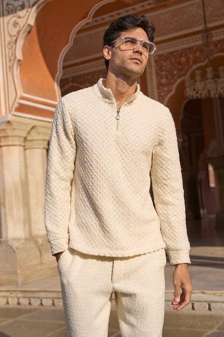 Buy_Dash And Dot_Ivory Polyester Sequins Boucle Textured Tapered Trouser _Online_at_Aza_Fashions