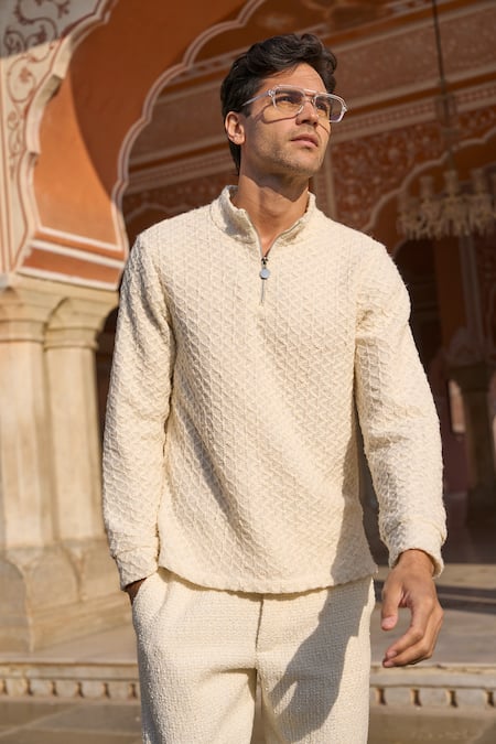 Shop_Dash And Dot_Ivory Polyester Sequins Boucle Textured Tapered Trouser _Online_at_Aza_Fashions