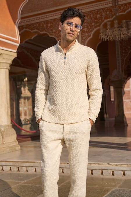 Dash And Dot_Ivory Polyester Sequins Boucle Textured Tapered Trouser _at_Aza_Fashions