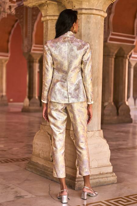Shop_Dash And Dot_Purple Polyester Embroidery Woven Leaf Pattern Pant _at_Aza_Fashions