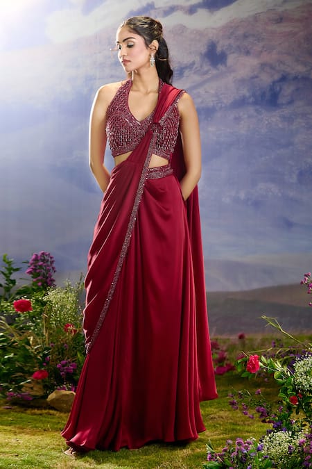 Aariyana Couture_Maroon Chiffon, Georgette Sequins, Embellished Pre-draped Saree And Blouse _Online_at_Aza_Fashions