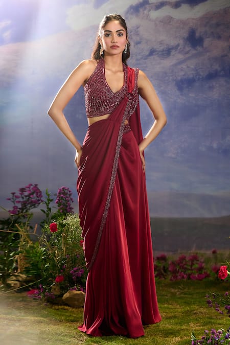 Shop_Aariyana Couture_Maroon Chiffon, Georgette Sequins, Embellished Pre-draped Saree And Blouse _Online_at_Aza_Fashions
