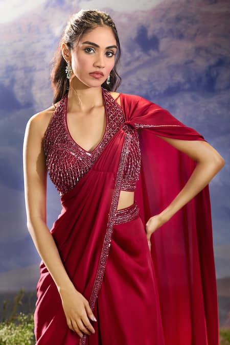 Aariyana Couture_Maroon Chiffon, Georgette Sequins, Embellished Pre-draped Saree And Blouse _at_Aza_Fashions
