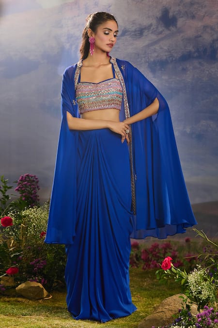 Aariyana Couture_Blue Georgette Sequins, Beads, Embroidery Sweetheart Neck Cape Draped Skirt Set _Online_at_Aza_Fashions