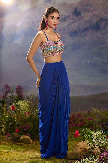 Aariyana Couture_Blue Georgette Sequins, Beads, Embroidery Sweetheart Neck Cape Draped Skirt Set _at_Aza_Fashions