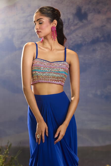 Shop_Aariyana Couture_Blue Georgette Sequins, Beads, Embroidery Sweetheart Neck Cape Draped Skirt Set 
