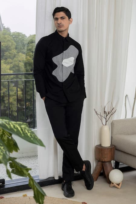 Buy_Lacquer Embassy_Black Cotton Satin Patchwork, Embroidery Abstract Floral Full Sleeves Shirt _Online_at_Aza_Fashions