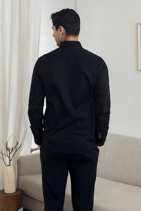 Lacquer Embassy_Black Cotton Satin Patchwork, Embroidery Abstract Floral Full Sleeves Shirt _Online_at_Aza_Fashions