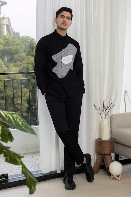 Shop_Lacquer Embassy_Black Cotton Satin Patchwork, Embroidery Abstract Floral Full Sleeves Shirt _Online_at_Aza_Fashions