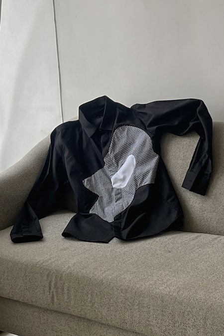 Lacquer Embassy Black Cotton Satin Patchwork, Embroidery Abstract Floral Full Sleeves Shirt at Aza Fashions Lacquer Embassy_Black Cotton Satin Patchwork, Embroidery Abstract Floral Full Sleeves Shirt _at_Aza_Fashions