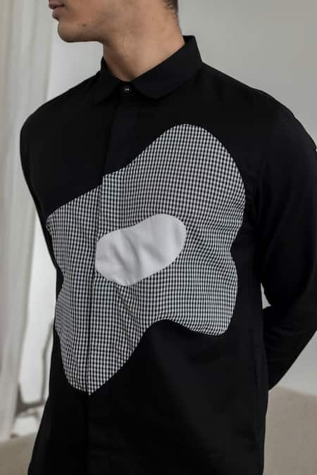 Buy_Lacquer Embassy_Black Cotton Satin Patchwork, Embroidery Abstract Floral Full Sleeves Shirt 