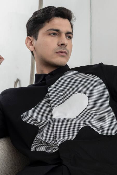 Shop_Lacquer Embassy_Black Cotton Satin Patchwork, Embroidery Abstract Floral Full Sleeves Shirt 