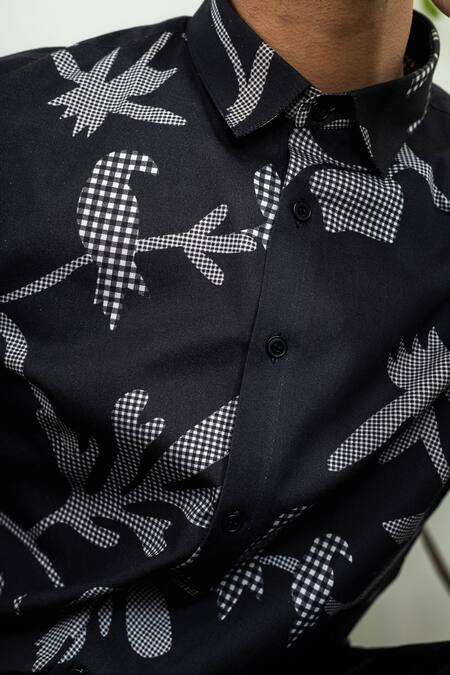 Lacquer Embassy_Black Cotton Gingham Print Shirt _at_Aza_Fashions