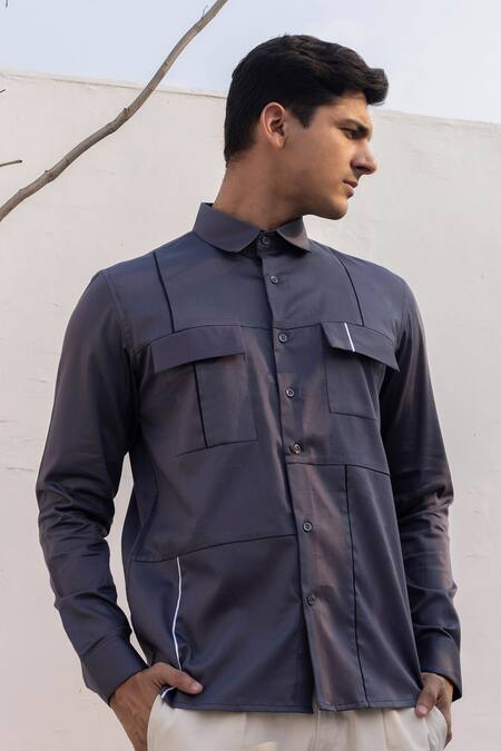 Lacquer Embassy_Gray Cotton Satin Piping Grey Shirt With _Online_at_Aza_Fashions