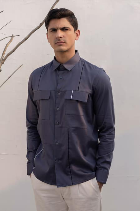 Lacquer Embassy Grey Cotton Satin Shirt with Piping 