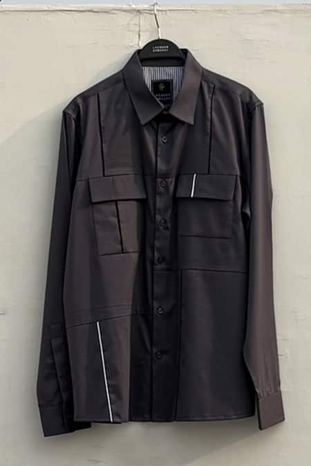 Buy_Lacquer Embassy_Gray Cotton Satin Piping Grey Shirt With _Online_at_Aza_Fashions