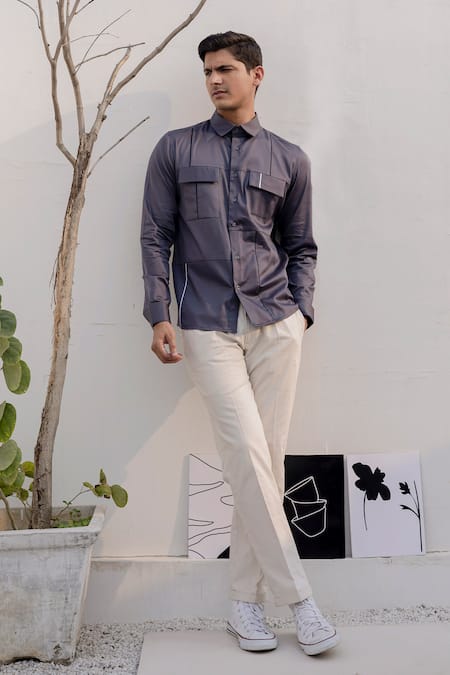 Shop_Lacquer Embassy_Gray Cotton Satin Piping Grey Shirt With _Online_at_Aza_Fashions