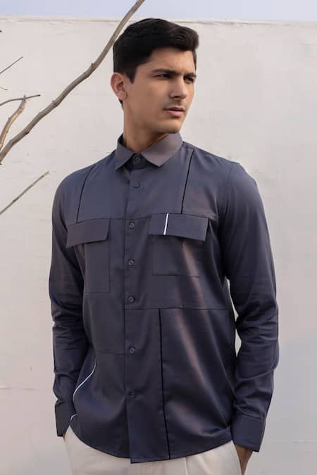 Lacquer Embassy_Gray Cotton Satin Piping Grey Shirt With _at_Aza_Fashions