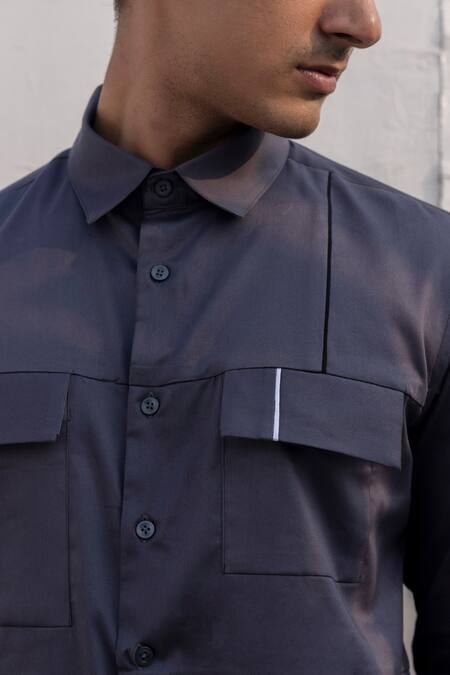 Buy_Lacquer Embassy_Gray Cotton Satin Piping Grey Shirt With 