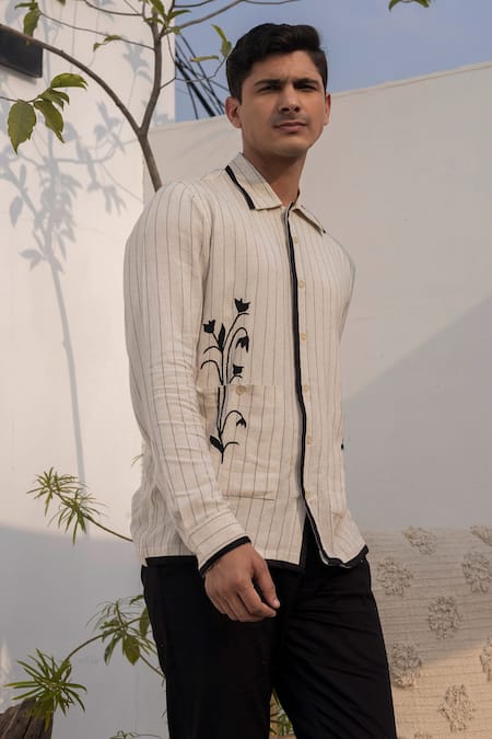 Buy_Lacquer Embassy_Beige Cotton Embroidery Pinstripe Floral Placement Shirt _Online_at_Aza_Fashions