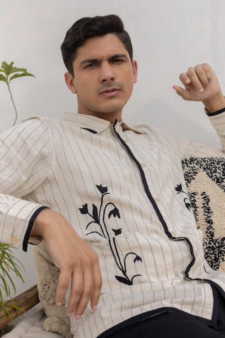 Shop_Lacquer Embassy_Beige Cotton Embroidery Pinstripe Floral Placement Shirt _Online_at_Aza_Fashions