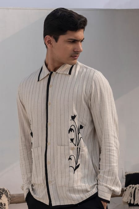 Lacquer Embassy_Beige Cotton Embroidery Pinstripe Floral Placement Shirt _at_Aza_Fashions