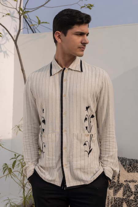 Buy_Lacquer Embassy_Beige Cotton Embroidery Pinstripe Floral Placement Shirt 