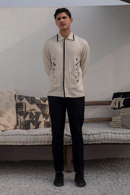 Shop_Lacquer Embassy_Beige Cotton Embroidery Pinstripe Floral Placement Shirt 