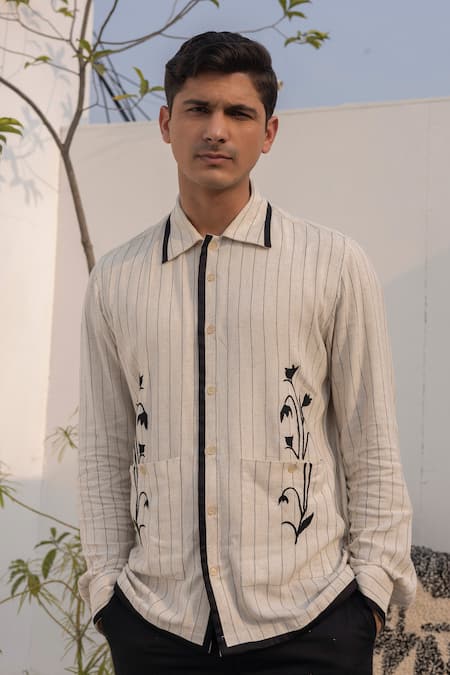 Lacquer Embassy_Beige Cotton Embroidery Pinstripe Floral Placement Shirt _Online_at_Aza_Fashions