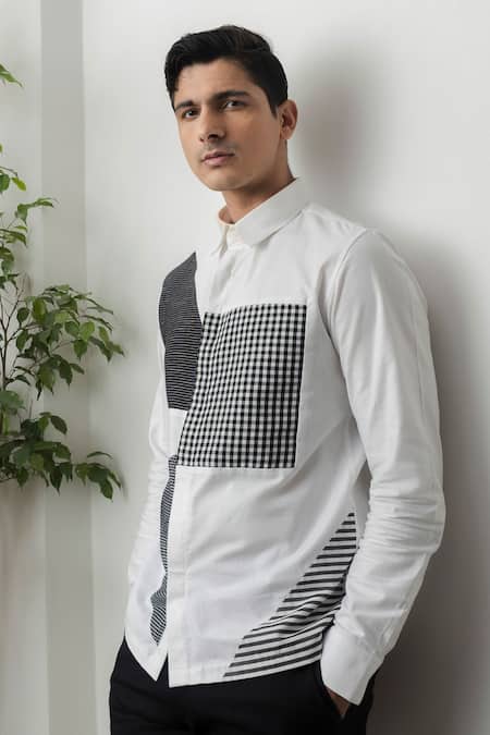 Lacquer Embassy_White Cotton Patchwork Geometric Embroidered Shirt _Online_at_Aza_Fashions