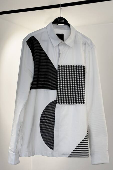 Buy Lacquer Embassy White Cotton Patchwork Geometric Embroidered Shirt Online at Aza Fashions Buy_Lacquer Embassy_White Cotton Patchwork Geometric Embroidered Shirt _Online_at_Aza_Fashions