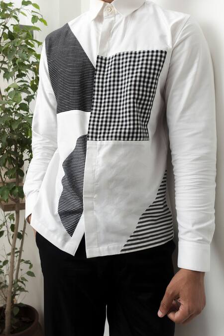 Shop_Lacquer Embassy_White Cotton Patchwork Geometric Embroidered Shirt _Online_at_Aza_Fashions