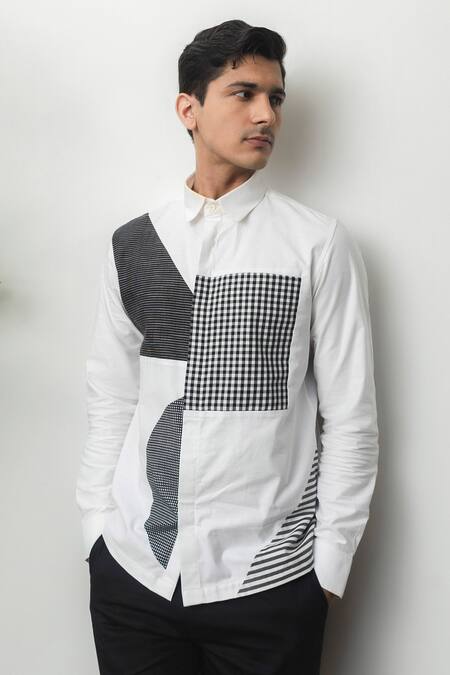 Lacquer Embassy_White Cotton Patchwork Geometric Embroidered Shirt _at_Aza_Fashions