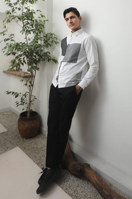 Buy_Lacquer Embassy_White Cotton Patchwork Geometric Embroidered Shirt 