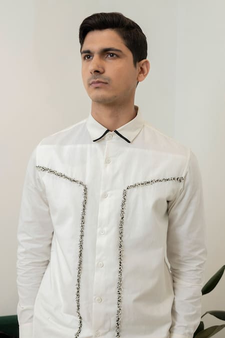 Lacquer Embassy_White Cotton Embroidery Thread Placement Shirt _Online_at_Aza_Fashions