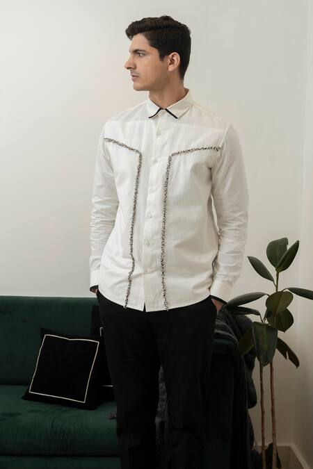 Buy_Lacquer Embassy_White Cotton Embroidery Thread Placement Shirt _Online_at_Aza_Fashions