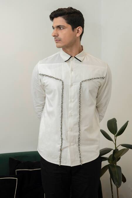 Shop_Lacquer Embassy_White Cotton Embroidery Thread Placement Shirt _Online_at_Aza_Fashions