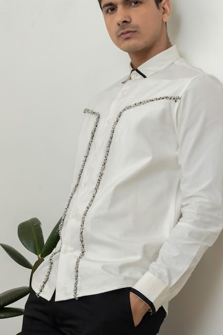 Lacquer Embassy_White Cotton Embroidery Thread Placement Shirt _at_Aza_Fashions
