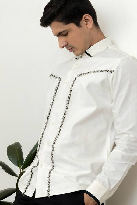 Buy_Lacquer Embassy_White Cotton Embroidery Thread Placement Shirt 