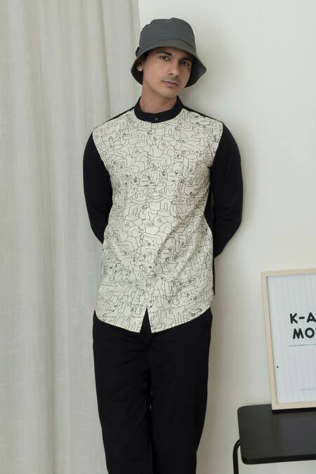 Buy_Lacquer Embassy_Beige Cotton Doodle Print Colorblock Full Sleeve Shirt _Online_at_Aza_Fashions