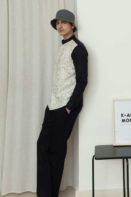 Shop_Lacquer Embassy_Beige Cotton Doodle Print Colorblock Full Sleeve Shirt _Online_at_Aza_Fashions